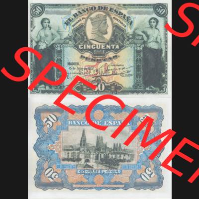 Banknoten Spanien 1907-1907, 50 Peseten. Vorderseite und Rückseite auf einen Digitalen Bild der Banknoten von Spanien 1907, Banknoten aus Satz der Banknoten Spanien 1907 Peseten-Währung... Sammlung