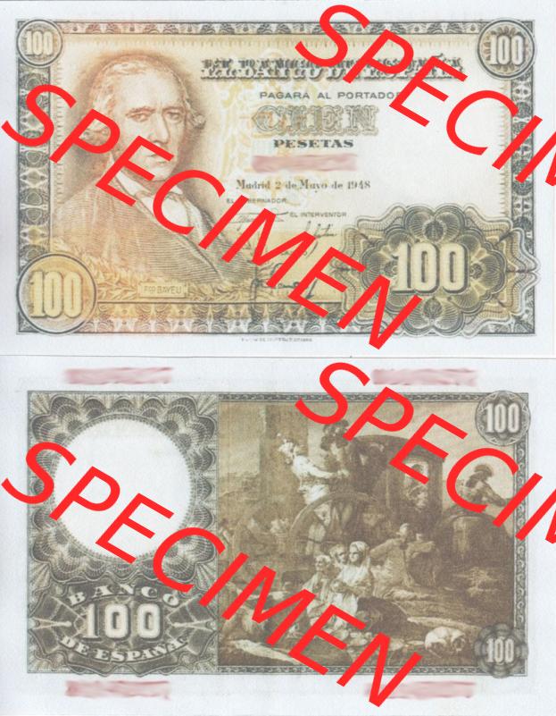 Banknoten Spanien 1948-1948, 100 Peseten. Vorderseite und Rückseite auf einen Digitalen Bild der Banknoten von Spanien 1946-1949, Banknoten aus Satz der Banknoten Spanien 1946-1949... Sammlung