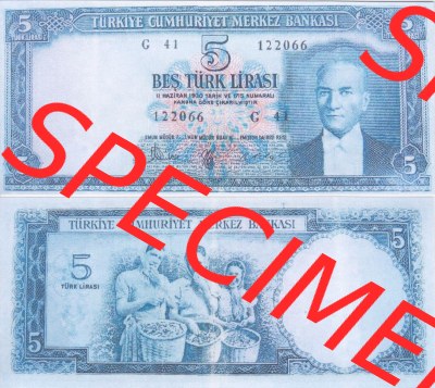 Banknote Türkei 1952, P154, 5 Lira. Vorderseite und Rückseite auf einen Digitalen Bild der Banknoten der Türkei 1951-1960,... Sammlung