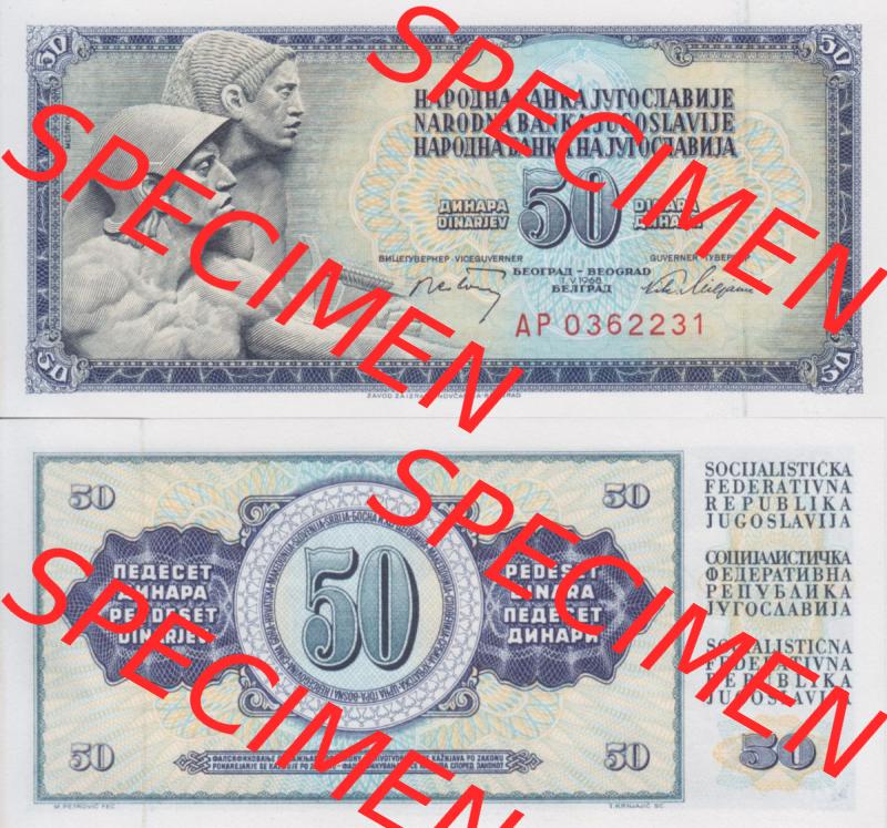 Banknoten Jugoslawien 1968-1968, 50 Dinar. Vorderseite und Rückseite einer Banknote aus dem nicht mehr existierenden Land Jugoslawien auf einen Digitalen Bild, Banknoten aus Satz... Sammlung