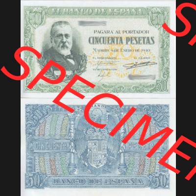 Banknoten Spanien 1940-1943, 50 Peseten. Vorderseite und Rückseite auf einen Digitalen Bild der Banknoten von Spanien 1940, 1943, 1945, Banknoten aus Satz der Banknoten... Sammlung