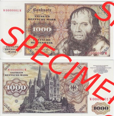 BRD Deutschland Deutsche Bundesbank 1980, 1000 DM-Deutsche Mark. Vorderseite und Rückseite auf einen Digitalen Bild der Banknoten... Sammlung