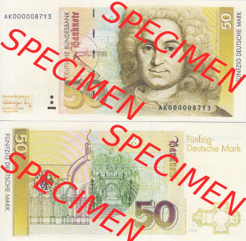 BRD Deutschland Deutsche Bundesbank 1989-1993, 50 DM-Deutsche Mark. Vorderseite und Rückseite auf einen Digitalen Bild der Banknoten Deutschland Deutsche Bundesbank 1989-1993, Banknoten... Sammlung