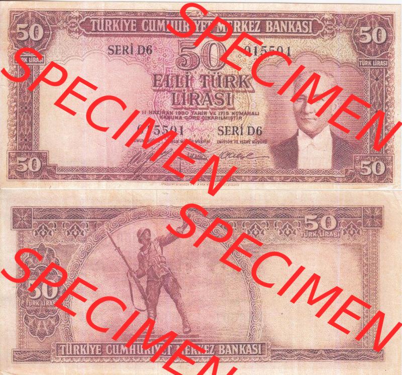 Banknote Türkei 1951, P162, 50 Lira. Vorderseite und Rückseite auf einen Digitalen Bild der Banknoten der Türkei 1951-1960, Banknoten aus Satz der Banknoten der... Sammlung