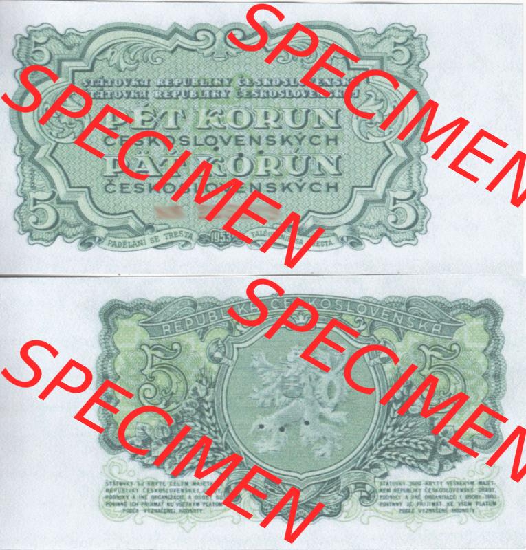 Banknoten Tschechoslowakei 1953-1953, 5 Kronen. Vorderseite und Rückseite auf einen Digitalen Bild der Banknoten der Tschechoslowakei 1953, Banknoten aus Satz der Banknoten Tschechoslowakei... Sammlung