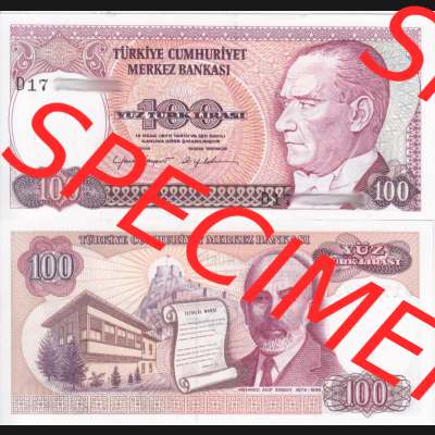 Banknote Türkei 1970, 100 Lire. Vorderseite und Rückseite auf einen Digitalen Bild der Banknoten der Türkei 1968-1986, Banknoten aus Satz der Banknoten der Türkei... Sammlung