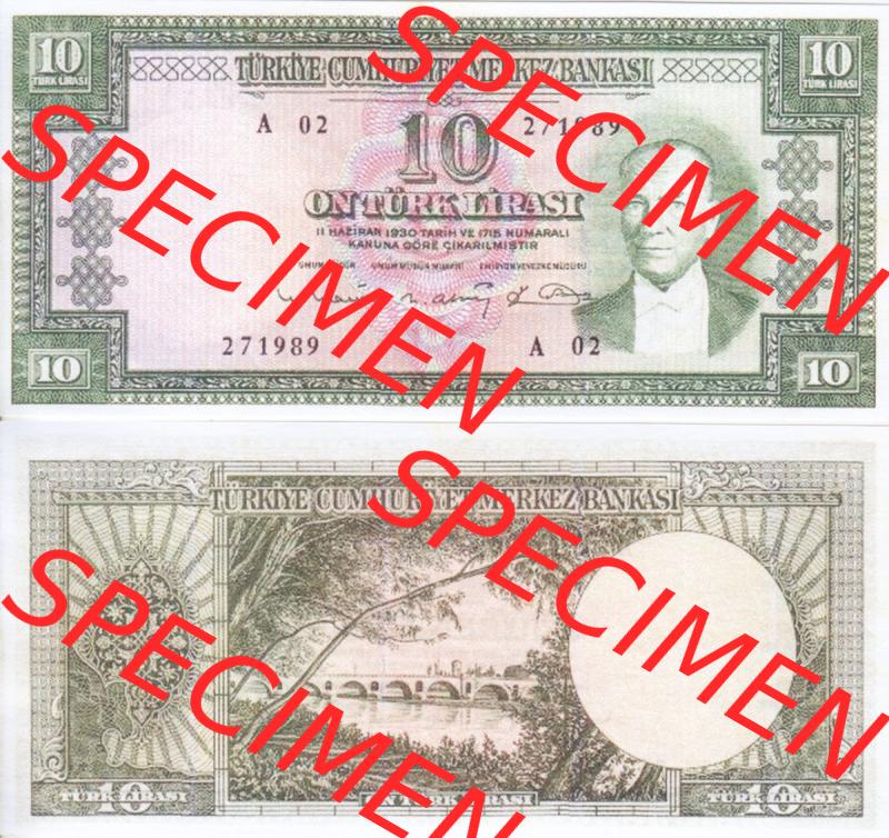 Banknote Türkei 1960, P161, 10 Lira. Vorderseite und Rückseite auf einen Digitalen Bild der Banknoten der Türkei 1951-1960, Banknoten aus Satz der Banknoten der... Sammlung