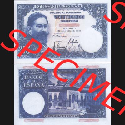 Banknoten Spanien 1954-1954, 25 Peseten. Vorderseite und Rückseite auf einen Digitalen Bild der Banknoten von Spanien 1953-1958, Banknoten aus Satz der Banknoten Spanien 1953-1958... Sammlung