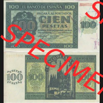 Banknoten Spanien 1936-1936, 100 Peseten. Vorderseite und Rückseite auf einen Digitalen Bild der Banknoten von Spanien 1936, Banknoten aus Satz der Banknoten Spanien 1936 in der... Sammlung