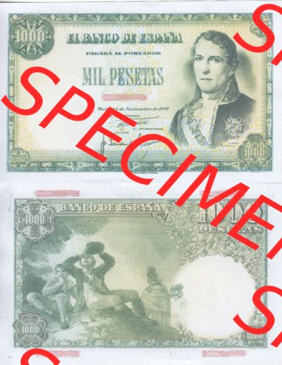 Banknoten Spanien 1949-1949, 1000 Peseten. Vorderseite und Rückseite auf einen Digitalen Bild der Banknoten von Spanien 1946-1949,... Sammlung