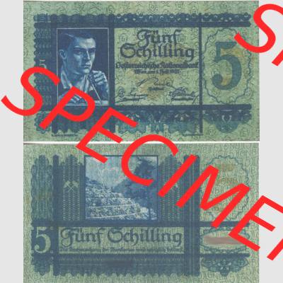 Banknoten Österreich 1927-1927, 5 Schilling. Vorderseite und Rückseite auf einen Digitalen Bild der Banknoten von Österreich 1927-1930, Banknoten aus Satz der Banknoten... Sammlung