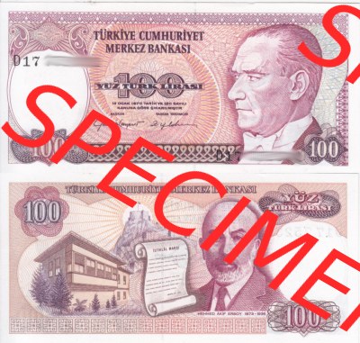 Banknote Türkei 1970, 100 Lire. Vorderseite und Rückseite auf einen Digitalen Bild der Banknoten der Türkei 1968-1986, Banknoten... Sammlung