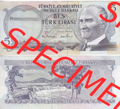 Banknote Türkei 1968-1968 (1930), 5 Lira. Vorderseite und Rückseite auf einen Digitalen Bild der Banknoten der Türkei 1968-1986,... Sammlung