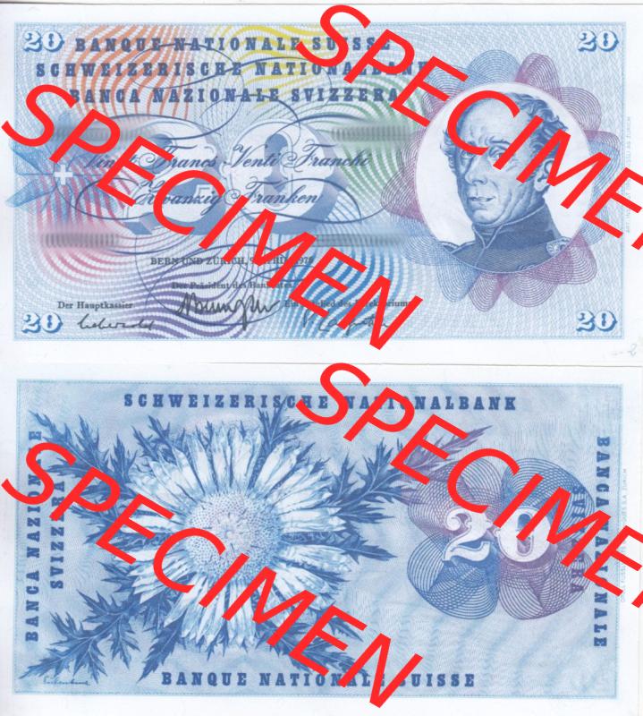 Banknoten Schweiz 1954-1976, 20 Franken. Vorderseite und Rückseite auf einen Digitalen Bild der Banknoten der Schweiz 1954-1977, Banknoten aus Satz der Banknoten Schweiz 1954-1977... Sammlung