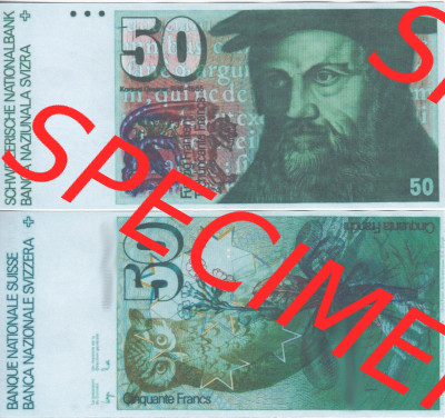 Banknoten Schweiz 1978-1988, 50 Franken. Vorderseite und Rückseite auf einen Digitalen Bild der Banknoten der Schweiz 1975-1993,... Sammlung