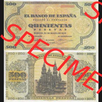 Banknoten Spanien 1938-1938, 500 Peseten. Vorderseite und Rückseite auf einen Digitalen Bild der Banknoten von Spanien 1937-1938, Banknoten aus Satz der Banknoten Spanien 1937-1938... Sammlung