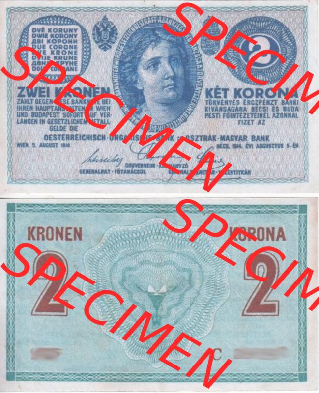 Banknoten Österreich 1914-1914, 2 Kronen Serie C. Vorderseite und Rückseite auf einen Digitalen Bild der Banknoten von Österreich 1913-1919, Banknoten aus Satz der Banknoten... Sammlung