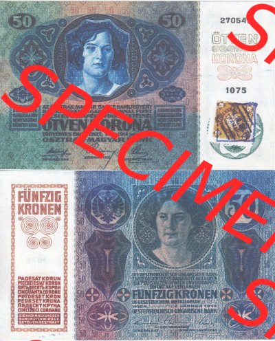Banknoten Tschechoslowakei 1919-1919, 50 Kronen Provisorische Geldschein Ausgaben. Vorderseite und Rückseite auf einen Digitalen... Sammlung