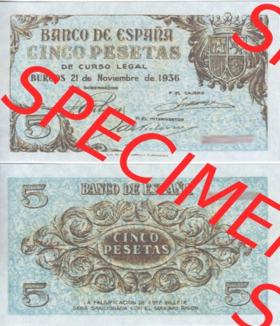 Banknoten Spanien 1936-1936, 5 Peseten. Vorderseite und Rückseite auf einen Digitalen Bild der Banknoten von Spanien 1936, Banknoten... Sammlung