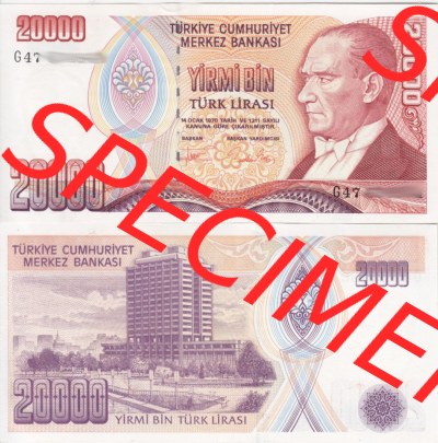 Banknote Türkei 1970, 20000 Lire. Vorderseite und Rückseite auf einen Digitalen Bild der Banknoten der Türkei 1968-1986, Banknoten... Sammlung