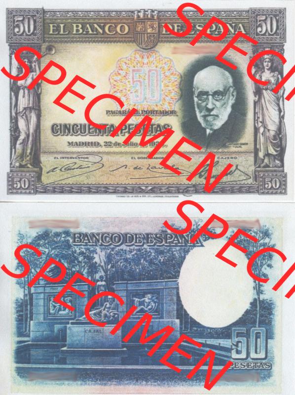 Banknoten Spanien 1935-1935, 50 Peseten. Vorderseite und Rückseite auf einen Digitalen Bild der Banknoten von Spanien 1935-1938, Banknoten aus Satz der Banknoten Spanien 1935-1938... Sammlung