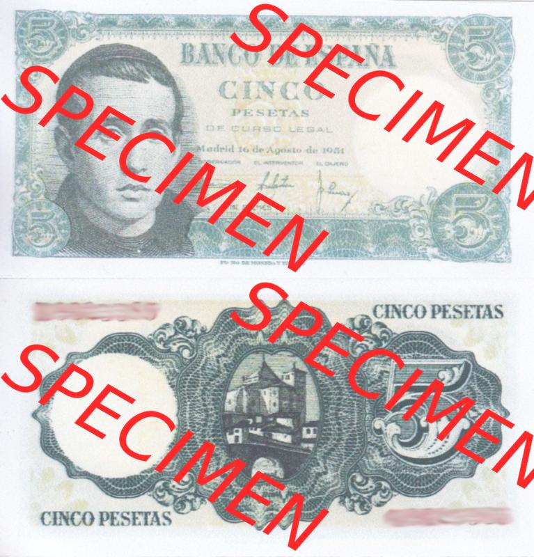 Banknoten Spanien 1951-1951, 5 Peseten. Vorderseite und Rückseite auf einen Digitalen Bild der Banknoten von Spanien 1951-1956, Banknoten aus Satz der Banknoten Spanien 1951-1956... Sammlung