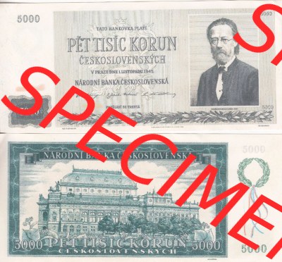 Banknoten Tschechoslowakei 1945-1945, 5000 Kronen, Pet-Tisic Korun. Vorderseite und Rückseite auf einen Digitalen Bild der Banknoten... Sammlung