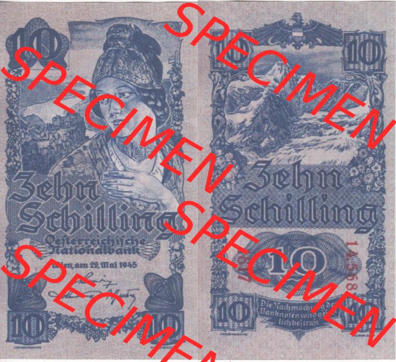 Banknoten Österreich 1945-1945, 10 Schilling Erste Ausgabe. Vorderseite und Rückseite auf einen Digitalen Bild der Banknoten von Österreich 1945 Schilling, Banknoten aus... Sammlung