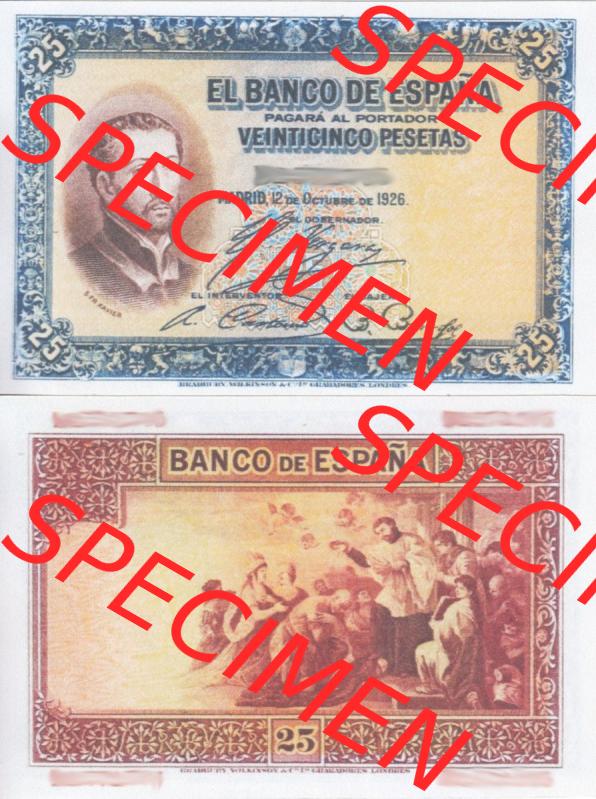 Banknoten Spanien 1926-1926, 25 Peseten. Vorderseite und Rückseite auf einen Digitalen Bild der Banknoten von Spanien 1926-1927, Banknoten aus Satz der Banknoten Spanien 1926-1927... Sammlung