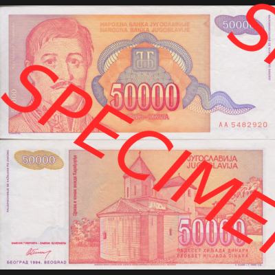 Banknoten Jugoslawien 1994-1994, 50000 Dinar. Vorderseite und Rückseite einer Banknote aus dem nicht mehr existierenden Land Jugoslawien auf einen Digitalen Bild, Banknoten aus... Sammlung