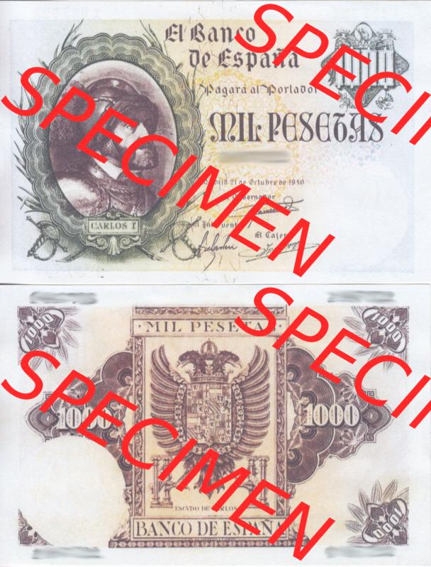 Banknoten Spanien 1940-1940, 1000 Peseten. Vorderseite und Rückseite auf einen Digitalen Bild der Banknoten von Spanien 1940, 1943, 1945, Banknoten aus Satz der Banknoten... Sammlung