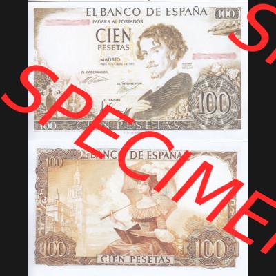 Banknoten Spanien 1965-1970, 100 Peseten. Vorderseite und Rückseite auf einen Digitalen Bild der Banknoten von Spanien 1965-1978, Banknoten aus Satz der Banknoten Spanien 1965-1978... Sammlung