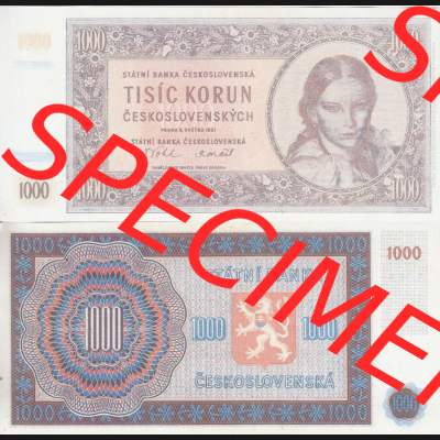 Banknoten Tschechoslowakei 1951-1951, 1000 Kronen, Tisic Korun. Vorderseite und Rückseite auf einen Digitalen Bild der Banknoten der Tschechoslowakei 1945-1951, Banknoten... Sammlung