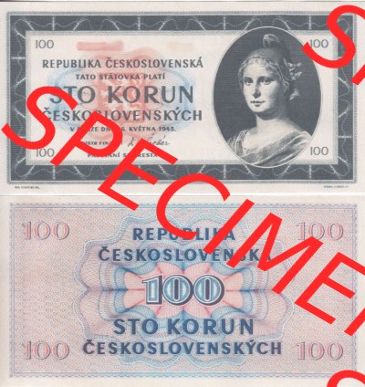 Banknoten Tschechoslowakei 1945-1945, 100 Kronen, Sto Korun. Vorderseite und Rückseite auf einen Digitalen Bild der Banknoten... Sammlung