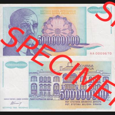 Banknoten Jugoslawien 1993-1993, 500000000 Dinar. Vorderseite und Rückseite einer Banknote aus dem nicht mehr existierenden Land Jugoslawien auf einen Digitalen Bild, Banknoten... Sammlung