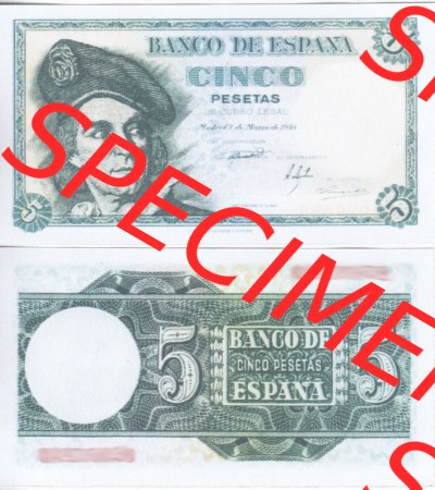 Banknoten Spanien 1948-1948, 5 Peseten. Vorderseite und Rückseite auf einen Digitalen Bild der Banknoten von Spanien 1946-1949,... Sammlung