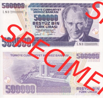 Banknote Türkei 1970, 500000 Lire. Vorderseite und Rückseite auf einen Digitalen Bild der Banknoten der Türkei 1968-1986, Banknoten... Sammlung