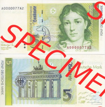 BRD Deutschland Deutsche Bundesbank 1991, 5 DM-Deutsche Mark. Vorderseite und Rückseite auf einen Digitalen Bild der Banknoten... Sammlung