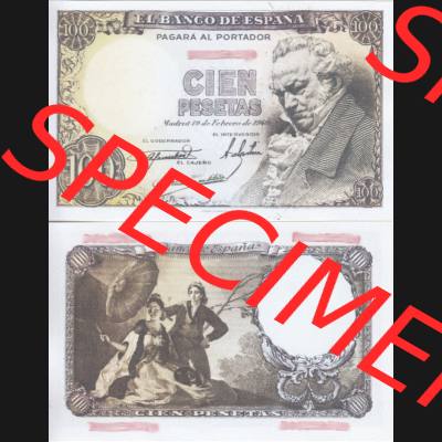 Banknoten Spanien 1946-1949, 100 Peseten. Vorderseite und Rückseite auf einen Digitalen Bild der Banknoten von Spanien 1946-1949, Banknoten aus Satz der Banknoten Spanien 1946-1949... Sammlung