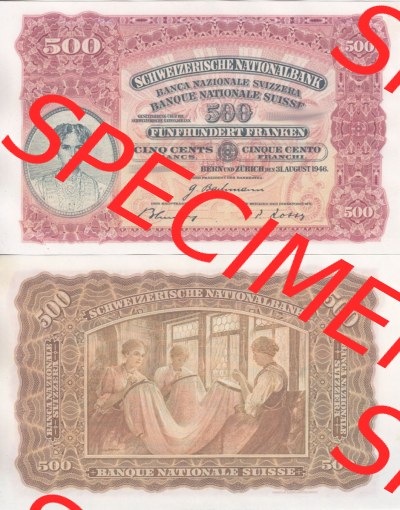 Banknoten Schweiz 1928-1949, 500 Franken. Vorderseite und Rückseite auf einen Digitalen Bild der Banknoten der Schweiz 1913-1955,... Sammlung