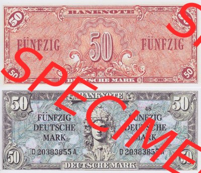BRD Deutschland Alliierte Besetzung 1948, 50 Deutsche Mark II.. Vorderseite und Rückseite auf einen Digitalen Bild der Banknoten... Sammlung