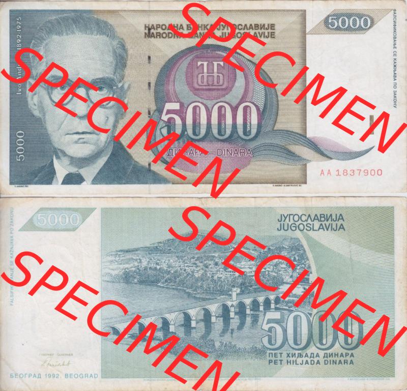Banknoten Jugoslawien 1991-1991, 5000 Dinar. Vorderseite und Rückseite einer Banknote aus dem nicht mehr existierenden Land Jugoslawien auf einen Digitalen Bild, Banknoten aus Satz... Sammlung