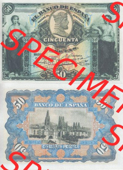 Banknoten Spanien 1907-1907, 50 Peseten. Vorderseite und Rückseite auf einen Digitalen Bild der Banknoten von Spanien 1907, Banknoten... Sammlung