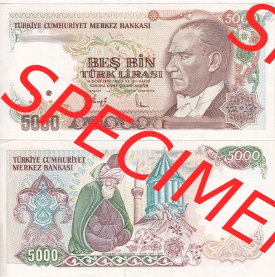 Banknote Türkei 1985-1985 (1970), 5000 Lira. Vorderseite und Rückseite auf einen Digitalen Bild der Banknoten der Türkei 1968-1986,... Sammlung