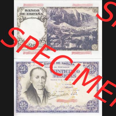 Banknoten Spanien 1946-1948, 25 Peseten. Vorderseite und Rückseite auf einen Digitalen Bild der Banknoten von Spanien 1946-1949, Banknoten aus Satz der Banknoten Spanien 1946-1949... Sammlung