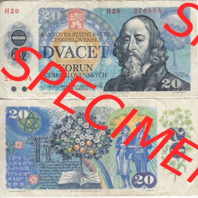 Banknoten Tschechoslowakei 1988-1988, 20 Korun. Vorderseite und Rückseite auf einen Digitalen Bild der Banknoten der Tschechoslowakei... Sammlung
