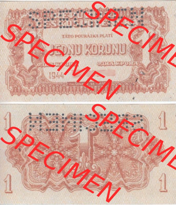 Banknoten Tschechoslowakei 1944-1944, 1 Krone. Vorderseite und Rückseite auf einen Digitalen Bild der Banknoten der Tschechoslowakei 1944-1945, Banknoten aus Satz der Banknoten... Sammlung