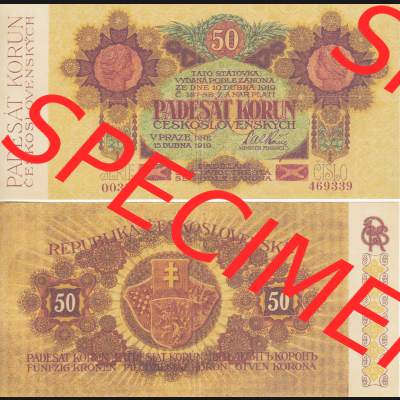 Banknoten Tschechoslowakei 1919-1919, 50 Korun. Vorderseite und Rückseite auf einen Digitalen Bild der Banknoten der Tschechoslowakei 1919, Banknoten aus Satz der Banknoten Tschechoslowakei... Sammlung