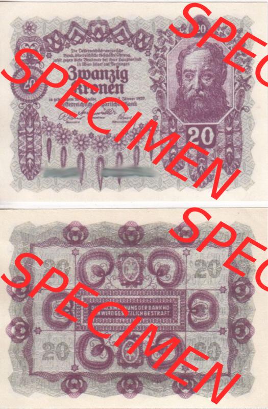Banknoten Österreich 1922-1922, 20 Kronen. Vorderseite und Rückseite auf einen Digitalen Bild der Banknoten von Österreich 1922, Banknoten aus Satz der Banknoten Österreich... Sammlung