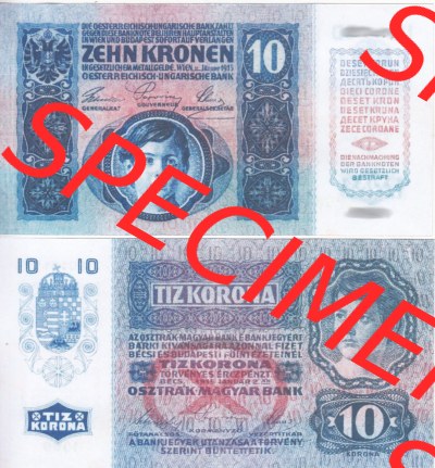 Banknoten Österreich 1915-1915, 10 Kronen. Vorderseite und Rückseite auf einen Digitalen Bild der Banknoten von Österreich... Sammlung